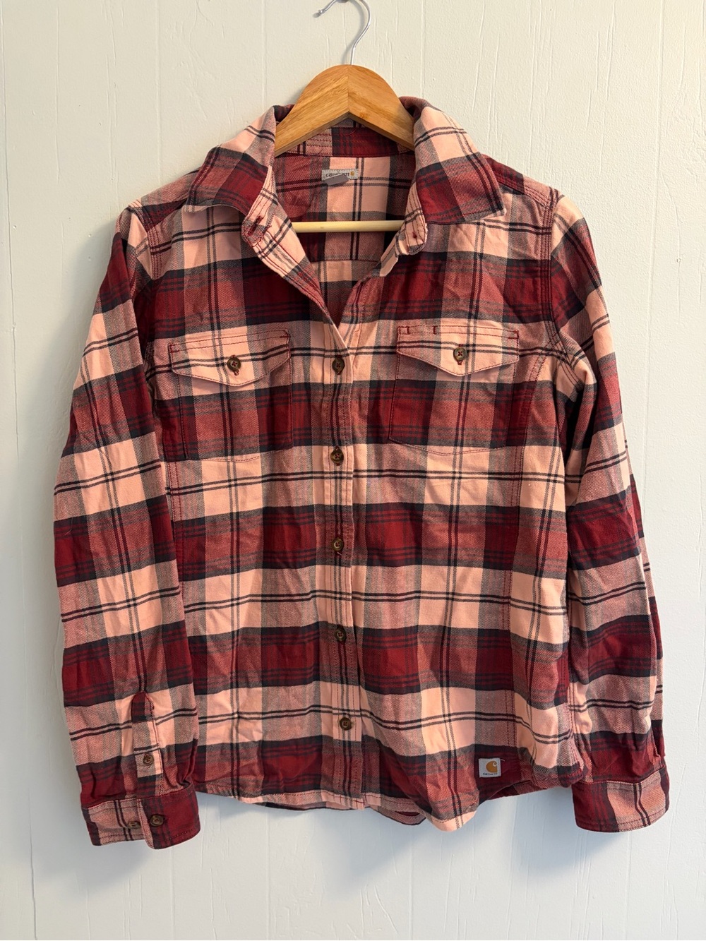Carhartt Women’s Plaid Flannel Shirt Medium Blush Burgundy Button Up